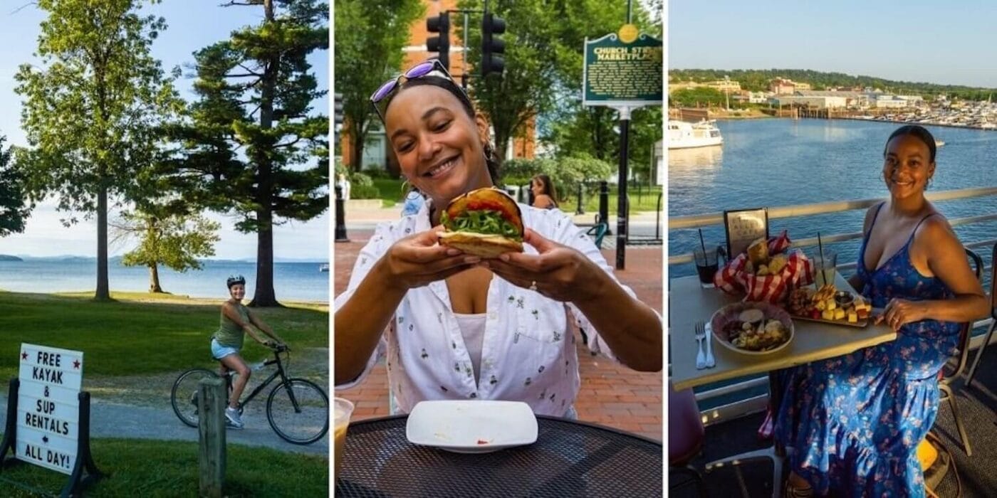 Vermont photos: biking in a park by the beach, eating a sandwich on Burlington's church street, taking a cruise on Lake Champlain