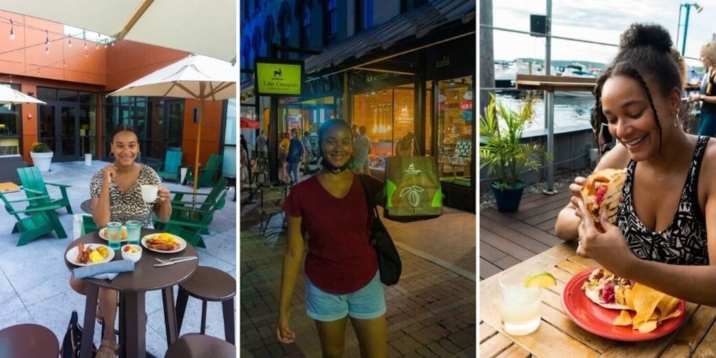 collage photos: easting in a patio, going Vermont shopping at night, eating tacos by the water