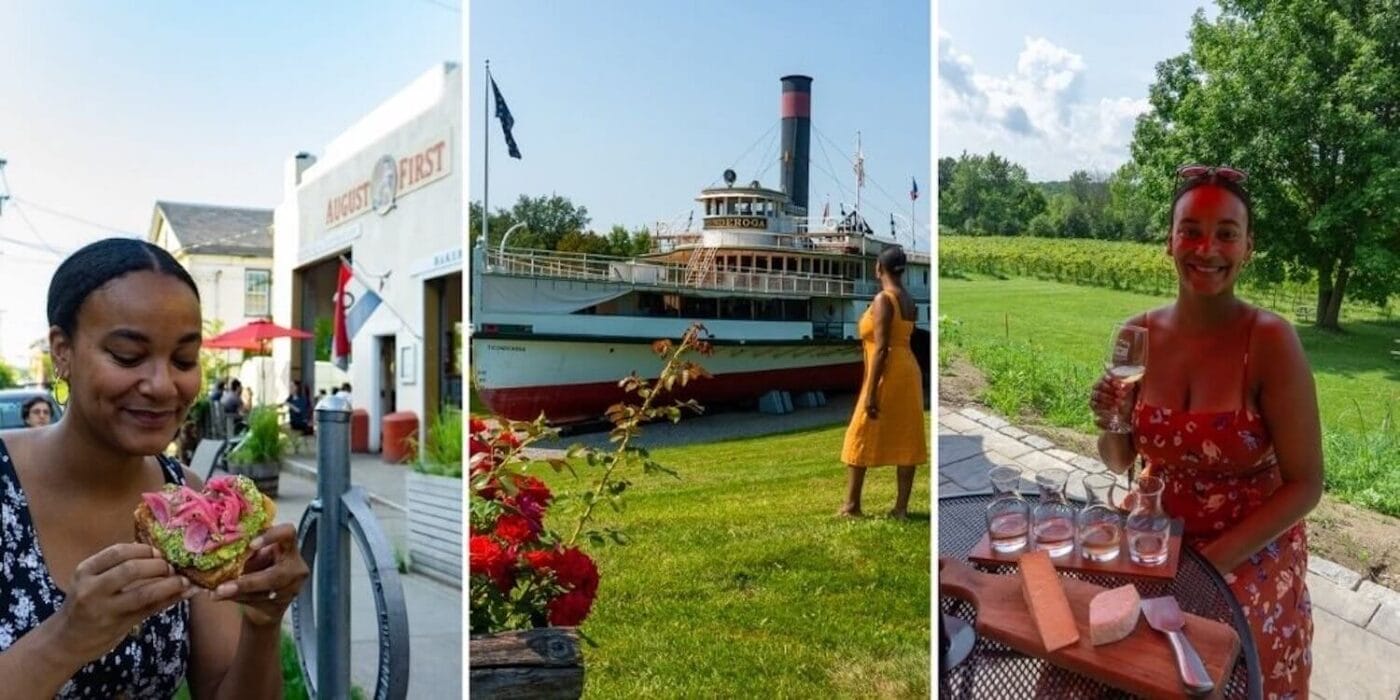 Vermont collage: eating avocado toast, viewing a ship in a garden, wine tasting