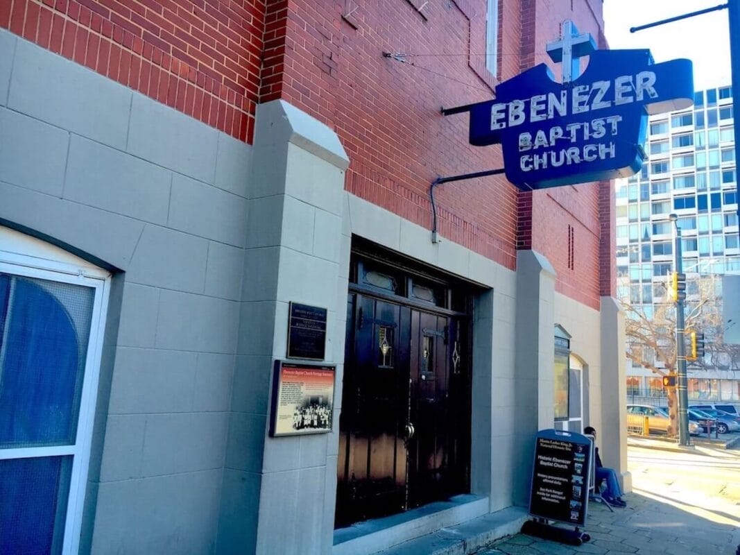 building entrance and sign of Ebenezer Baptist Church