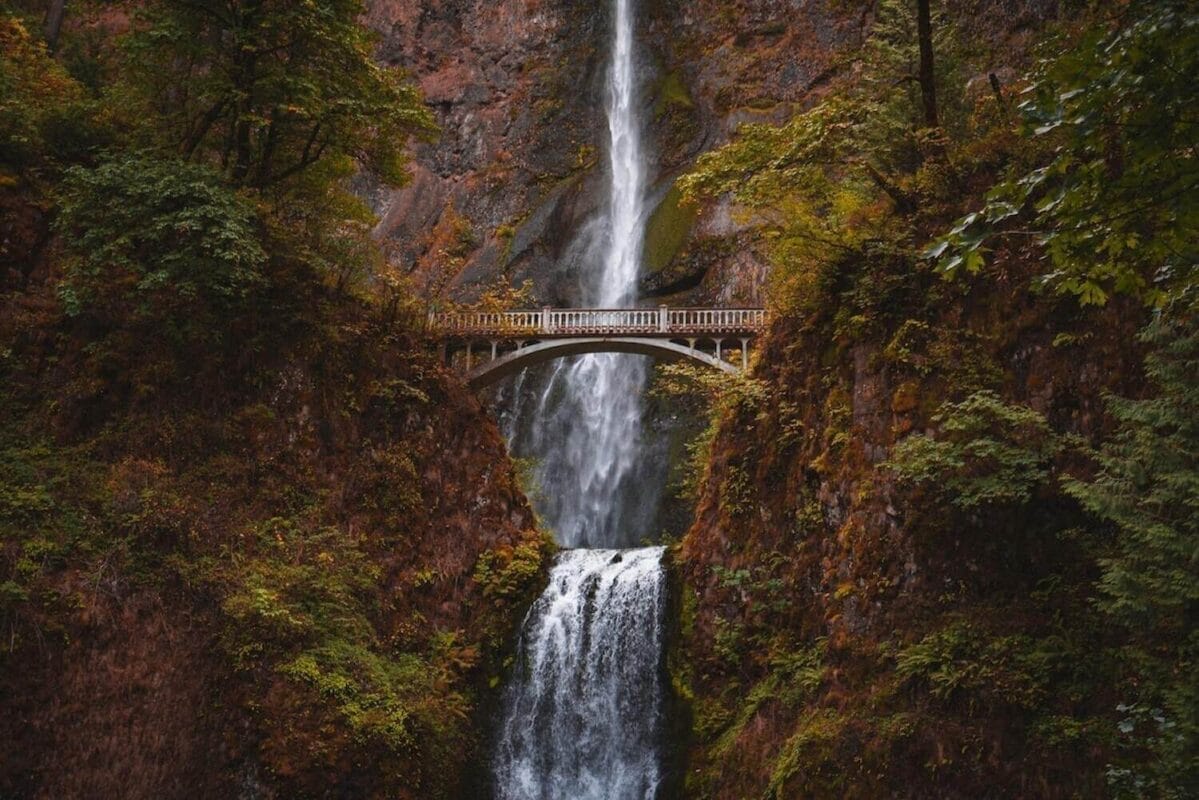 Autumn view of Multnomah waterfall in Oregon Columbia River Gorge