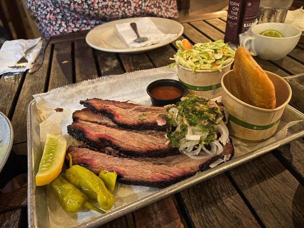 plate of bbq brisket at a restaurant