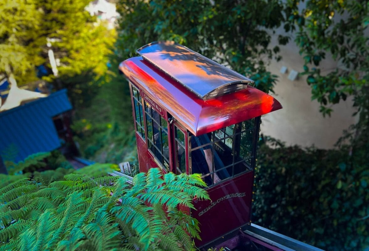 red funicular that says Shadowbrook on the car going downhill into trees