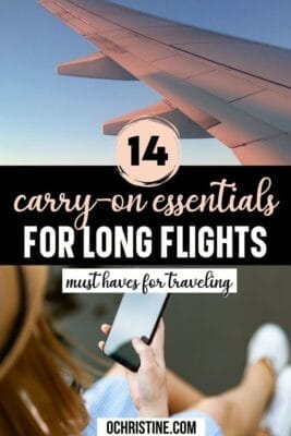 plane wing in the air with text overlay that says carry-on essentials for long flights