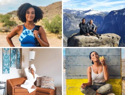 Black travel blogger and travel content creator in four different settings: hiking, outdoors as a couple, in a spa bathrobe, and eating on an island.