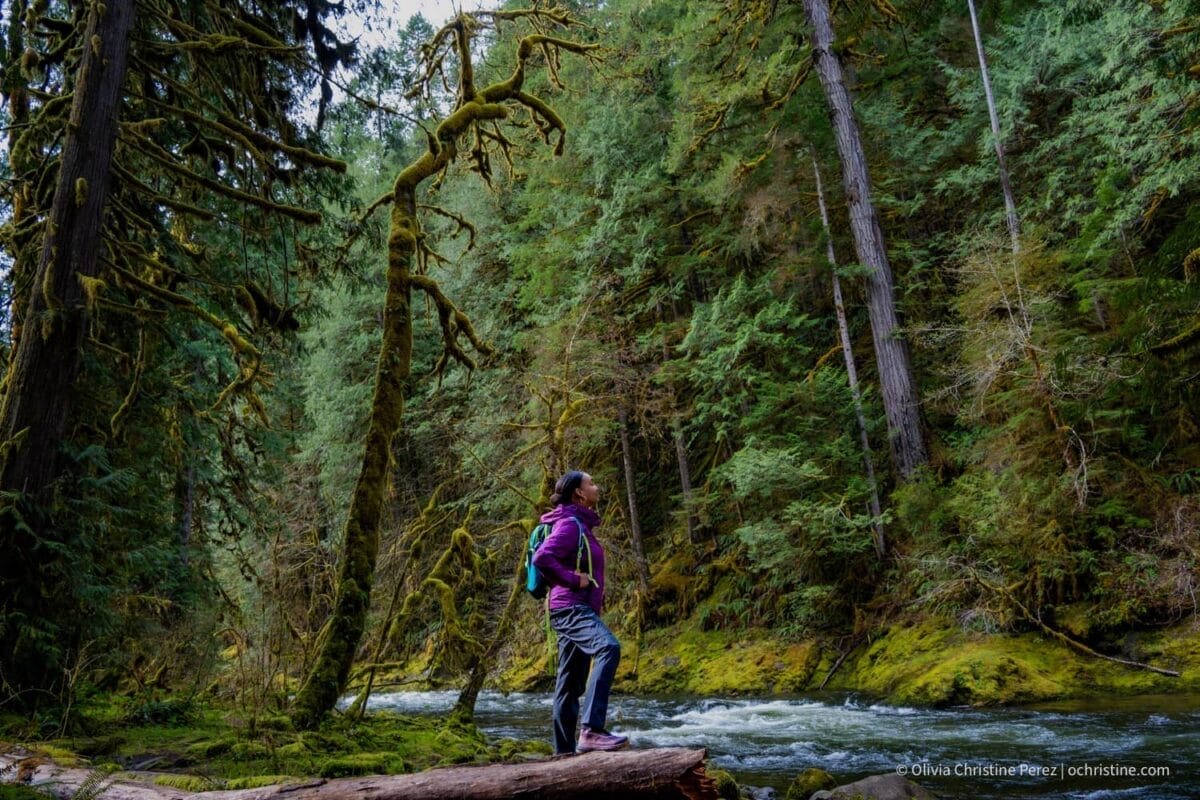 Olivia stands on a fallen tree trunk next to the Salmon River